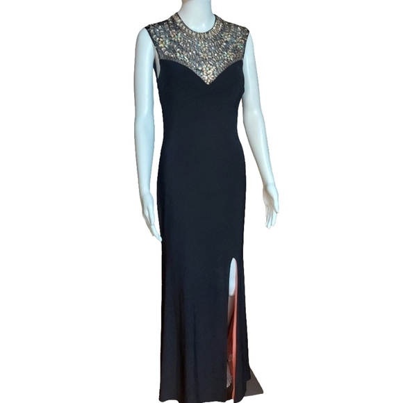 Betsy & Adam Beaded High Neck Tank Prom Dress With Side Slit - Picture 5 of 16